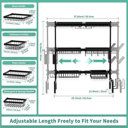 Over The Sink Dish Drying Rack,Expandable Length 3-Tier Large Stainless Steel Over The Sink Dish Rack with 6 Baskets, Utensil Holder Dish Drainers for Kitchen Counter