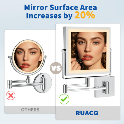 Ruacq Rechargeable Wall Mounted Makeup Mirror with Lights, Double Sided 1X/10X Magnifying Vanity Mirror with 3 Color Lighting, Touch Screen Dimmable, 360° Rotation Extension Foldable Arm(Matte Black)