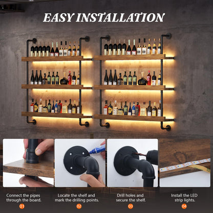 Dresgor Large Wine Rack Wall Mounted with LED Light, Solid Wood Bar Shelves Wall Mounted, 3-Tiers Liquor Bottles Floating Shelves Display Storage Organizer for Home Bar, Dining Room (47.2 inch)