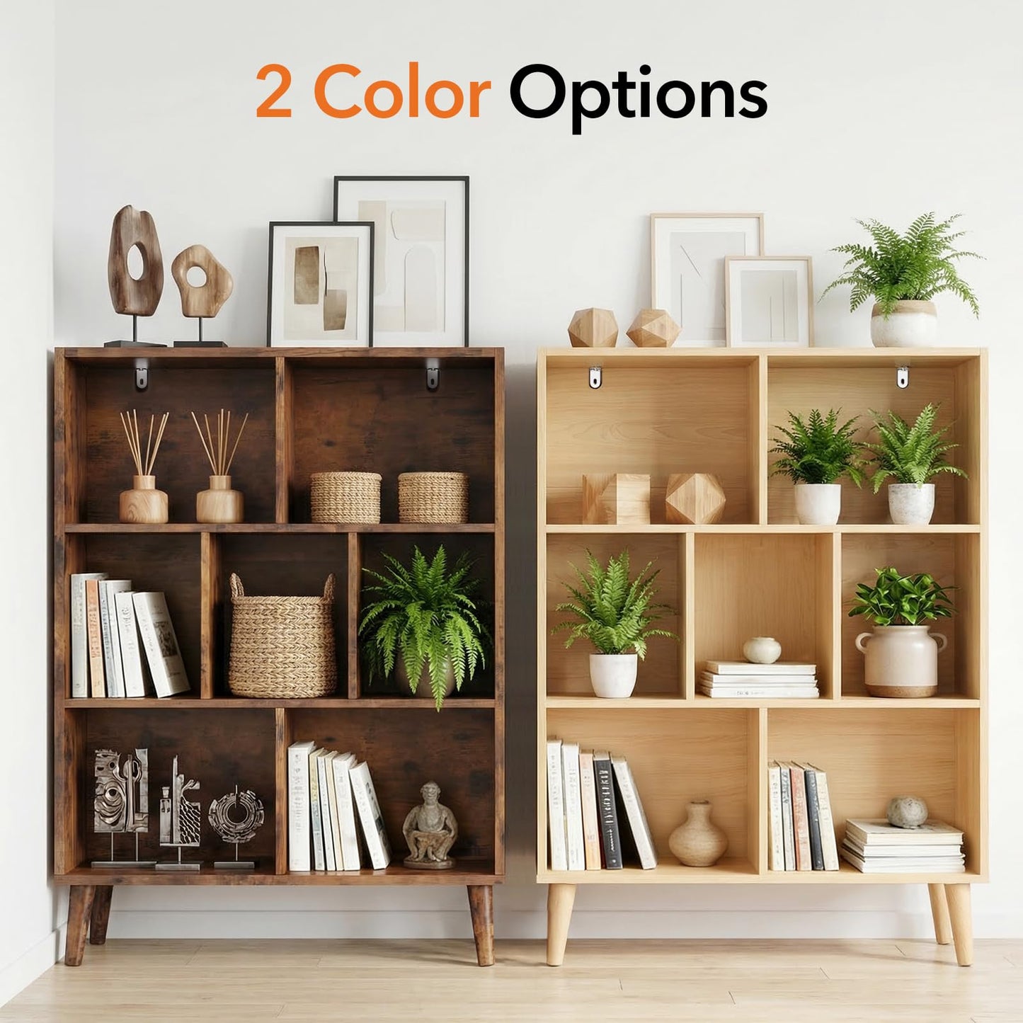 HAPPYMONT 3-Tier Bookcase, 7 Cube Modern Wooden Storage Organizer with Legs, Open Display Shelves for Living Room Bedroom Home Office, Freestanding Bookshelf, Natural Wood