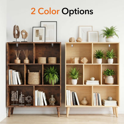 HAPPYMONT 3-Tier Bookcase, 7 Cube Modern Wooden Storage Organizer with Legs, Open Display Shelves for Living Room Bedroom Home Office, Freestanding Bookshelf, Natural Wood