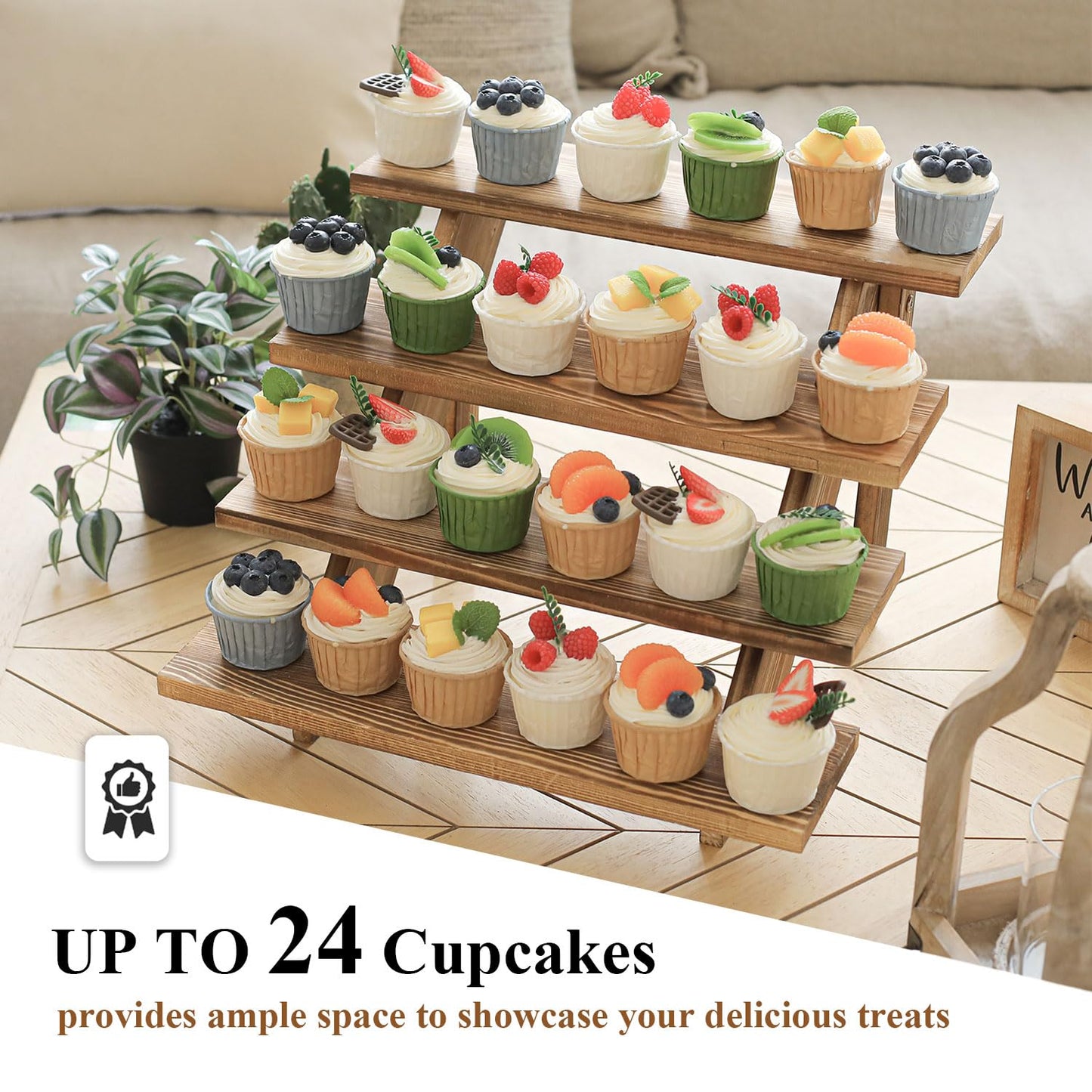 SwallowLiving Wooden Rustic Cupcake Stand for 24 Cupcakes, Stepped Wood Display Stand for Weddings, Tiered Party Table Display Riser for Food , Dessert, Cookie, Decor, Craft Show, Burnt