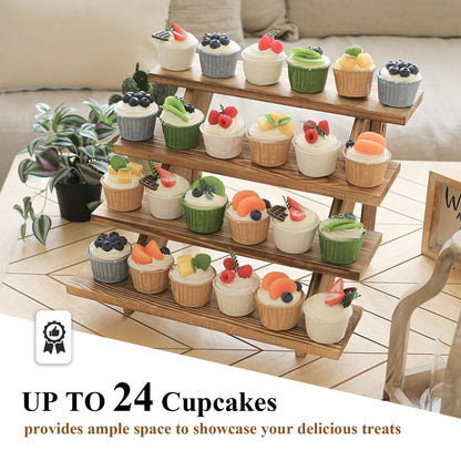 SwallowLiving Wooden Rustic Cupcake Stand for 24 Cupcakes, Stepped Wood Display Stand for Weddings, Tiered Party Table Display Riser for Food , Dessert, Cookie, Decor, Craft Show, Burnt