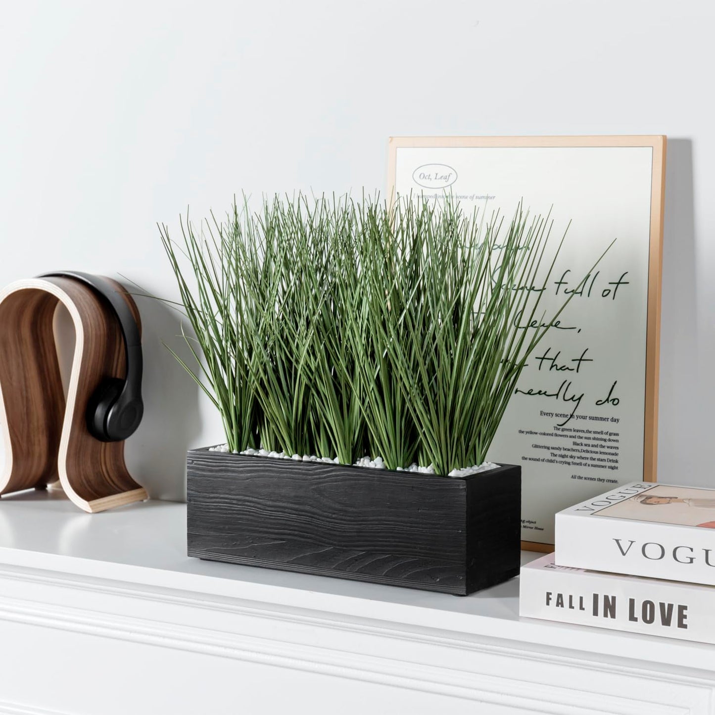 MyGift 12 Inch Desktop Artificial Green Grass Plants Faux Greenery Centerpiece with Rustic Black Solid Wood Planter Box