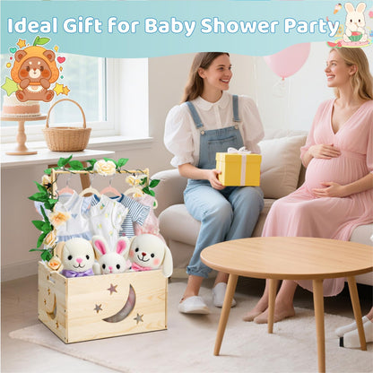 Jowgut Wooden Baby Shower Crate Closet, Large Capacity Toy Storage Basket with Handle Hanger Garland, Easy Assembly Storage Nursery Crate Hamper Personalized Gift Basket for New Parents