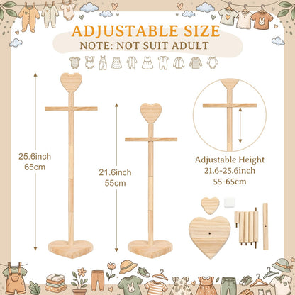 Fuutreo 2 Packs Baby Clothes Display Stands Heart-Topped Baby Shower Centerpiece Babies Clothes Rack with Bow Wooden Adjustable Outfit Hangers Display for Layette Dress, Hand Assembled(Wood Color)