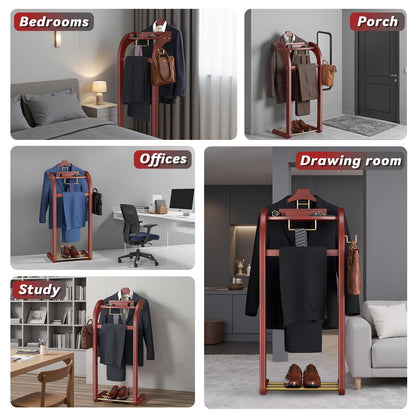 Dkjdssek Suit Valet Stand for Men, Wood Mens Valet Stand with Base, Contour Hanger, Tray, Trouser Bar and Tie Bar, Clothes Valet Stand for Bedroom Entryway Home Living Room Office (Reddish brown)