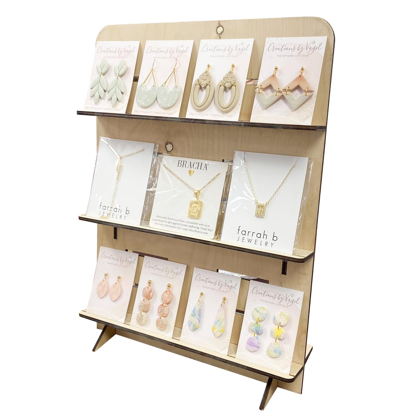 TORCHED DISPLAYS Jewelry Holder Necklace Organizer – Earring Display Stands for Selling – 3-Tiered Natural Wood Jewelry Holder Stand for Shops, Boutiques, Festivals - Display Rack Wood Stand
