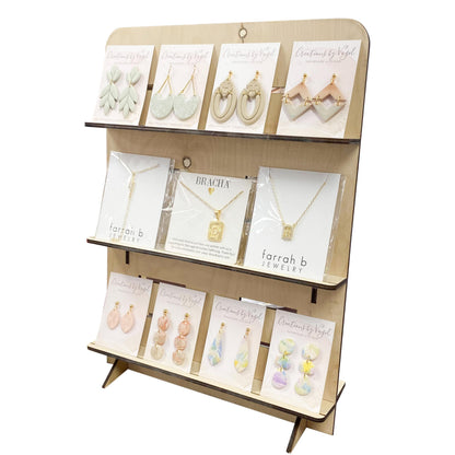 TORCHED DISPLAYS Jewelry Holder Necklace Organizer – Earring Display Stands for Selling – 3-Tiered Natural Wood Jewelry Holder Stand for Shops, Boutiques, Festivals - Display Rack Wood Stand