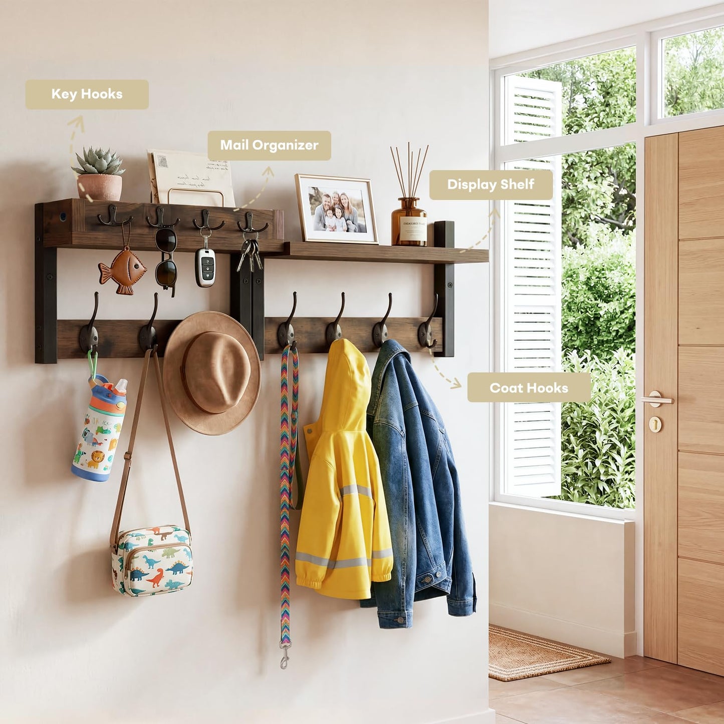 LIONUNCLE Coat Rack Wall Mount with Shelf & Mail Organizer,29 Inch Wall Shelf with 7 Coat Hooks and 4 Key Hooks for Entryway,Living Room,Bedroom,Offices(Rustic Brown)
