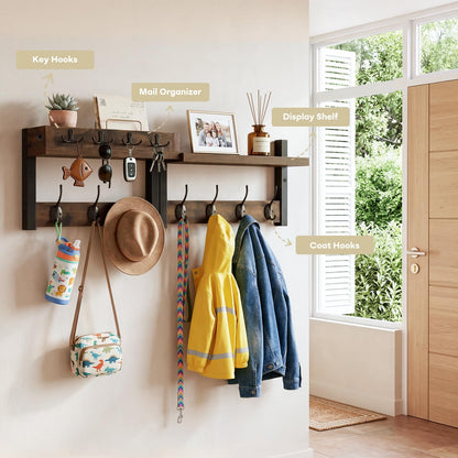 LIONUNCLE Coat Rack Wall Mount with Shelf & Mail Organizer,29 Inch Wall Shelf with 7 Coat Hooks and 4 Key Hooks for Entryway,Living Room,Bedroom,Offices(Rustic Brown)