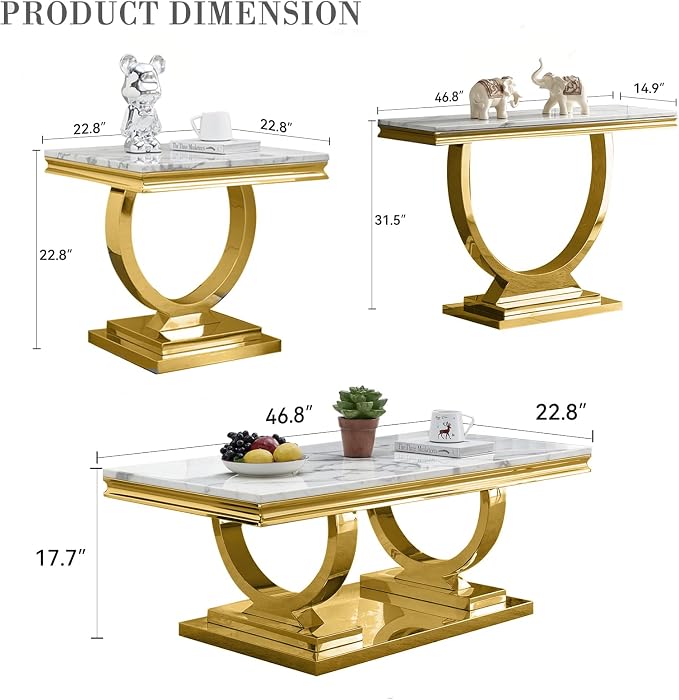 4 Piece Living Room Table Set Include 1 Faux Marble Coffee Table & 2 End Tables & 1 Console Table, Modern White Gold Coffee Table Set of 4 with Double O Shape Stainless Steel Pedestal Base