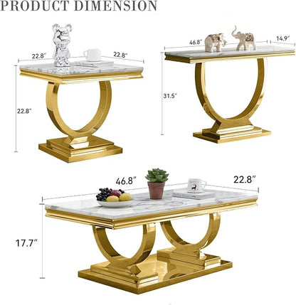 4 Piece Living Room Table Set Include 1 Faux Marble Coffee Table & 2 End Tables & 1 Console Table, Modern White Gold Coffee Table Set of 4 with Double O Shape Stainless Steel Pedestal Base