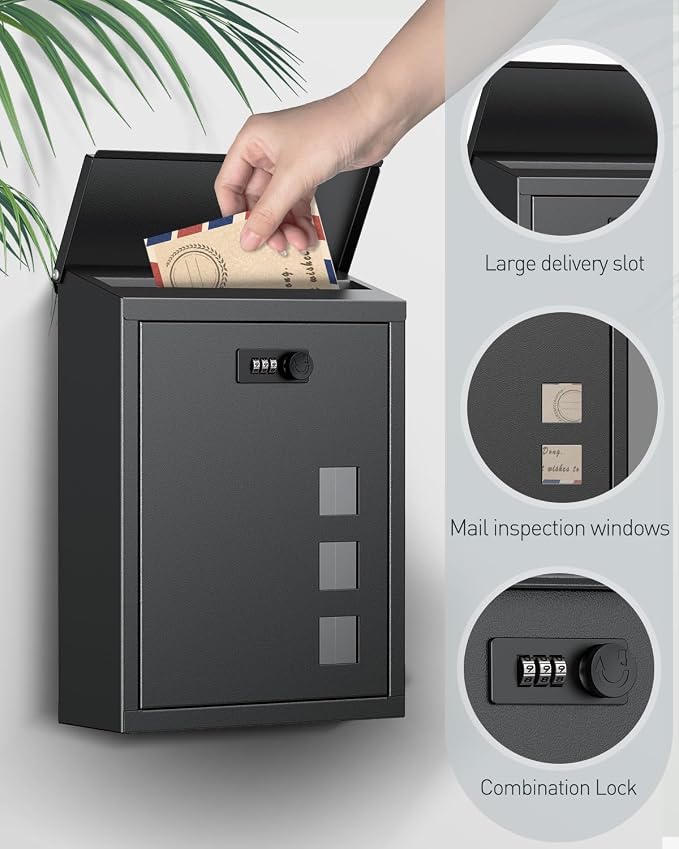 Uniclife Large Mailbox, Wall Mount Mailboxes for Outside, Mail Boxes with Combination Lock, Security Locking Key Drop Box for House School Office and Outdoor, Black