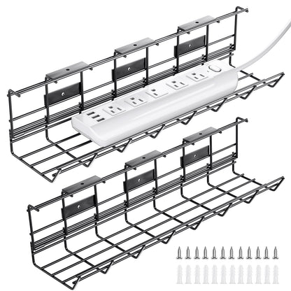 2 Pack DELAMU Under Desk Cable Management Tray, Metal Cord Cable Organizer for Desk, Easy Install Pre-drilled Wire Management Wire Organizer for Office & Home