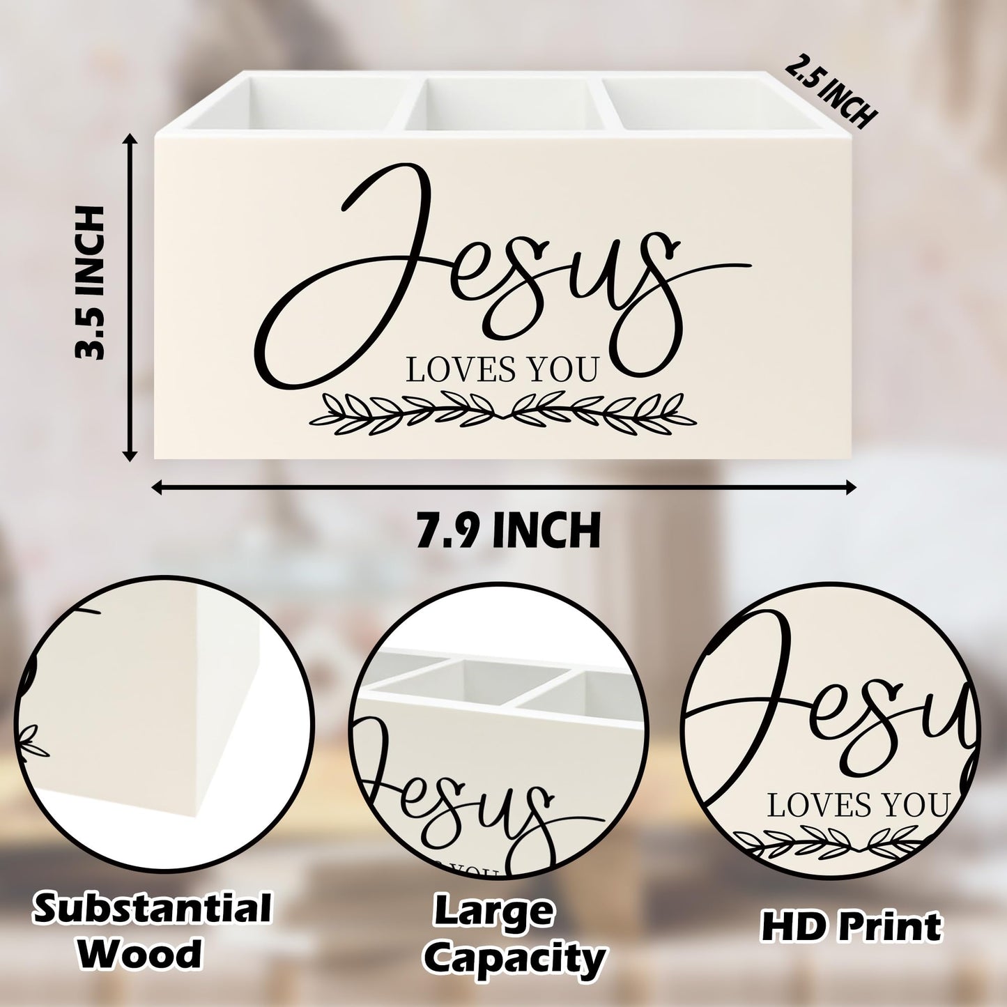 QZQE Christian Pen Pencil Holder Organizer for Desk, Christian Gifts for Women, Jesus Loves You Bible Verse Scripture Wooden Box Signs Decorations for Home Office Desk Tabletop, Religious Gifts