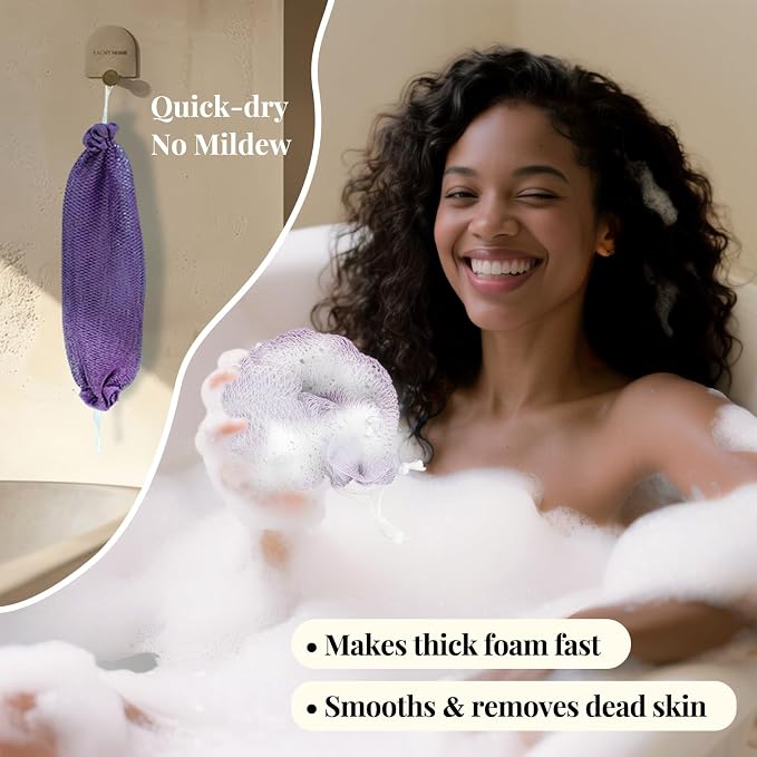 African Net Sponge Authentic-4 Packs African Exfoliating Net Sponge,Bath Sponges for Shower,42 inch Long for Normal to Sensitive Skin, Body Exfoliator Shower -Light Purple,Purple,Light Pink,Neon Pink