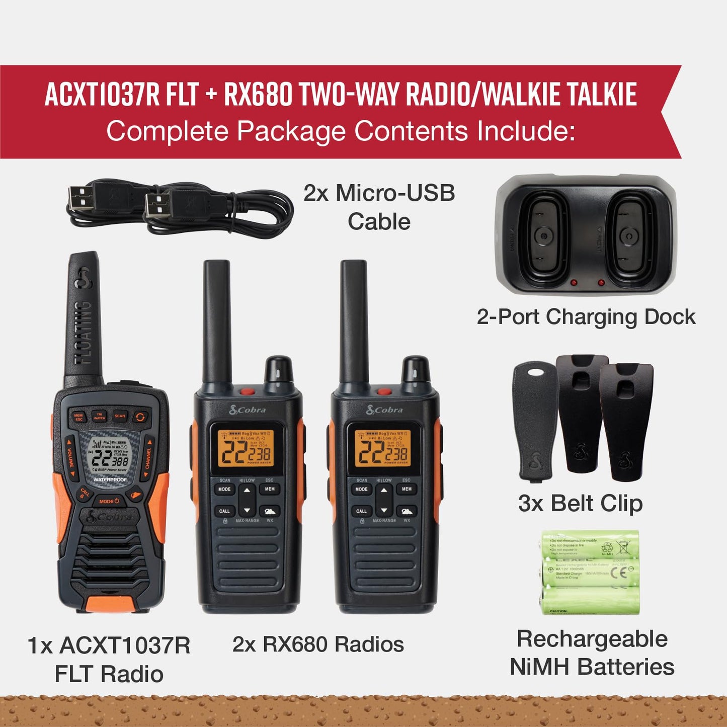 Cobra RX680 Walkie Talkies (2-Pack) - Rugged & Splashproof Two Way Radios Long Range, IP54 Water Resistant Design, 60 Pre-Programmed Channels, Weather Alerts, Included Charging Dock (Black/Orange)