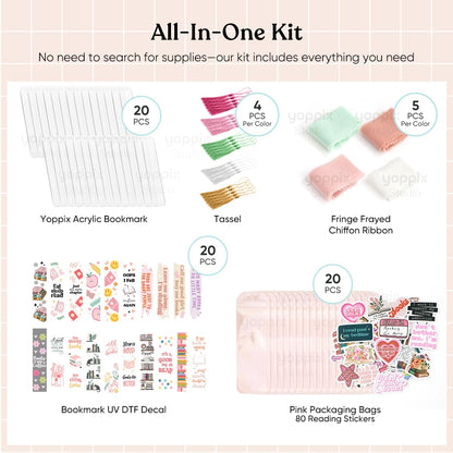 180 Pcs Acrylic Bookmark Blanks- 20 Set Bookmark Making Kit with 20 UV DTF Stickers About Book Lover Theme 20 Tassels 20 Ribbon 80 Bookish Stickers for DIY Your Crafts Gift for Book Lover