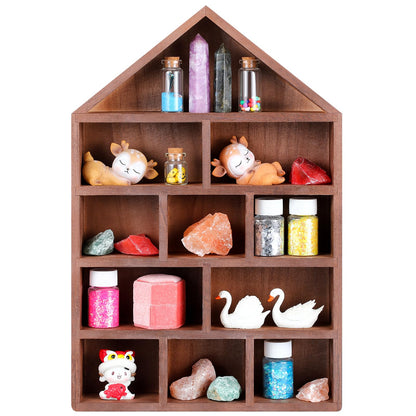 Threehoney House Shaped Wooden Shadow Cubby Box 10 W x 2 1/4 D x 15 H Hanging Display Shelf Organizer Wall Mounted Curio Cabinet Wooden Display Case Miniature Shelf for Figures (Brown)