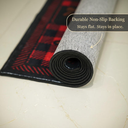 CASAVAINE Rustic Bear Family Area Rug 3'x5', Buffalo Plaid Cabin Lodge Rug with Wildlife Bear Silhouette, Non Slip Low Pile Rug for Living Room Bedroom