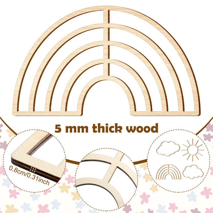 4 Pieces Boho Nursery Cloud Star Wall Decor Wooden Babyroom Moon Rattan Wall Decor Wooden Rainbow for Children Baby Kids Boys Girls Bedroom Nursery Pendant(Cloud Rainbow Sun)