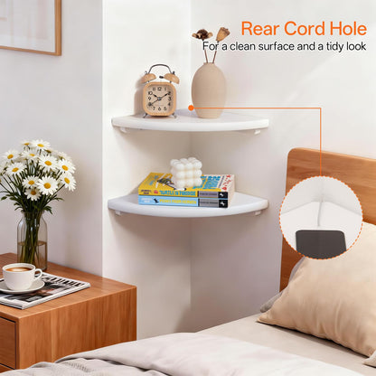 Gieanoo Floating Corner Shelves Set 2 9inch White Solid Oak Rounded Corner Shelves Wall Mounted with Cable Hole Wood Corner Hanging Shelves for Living Room Bedroom Bathroom Kitchen