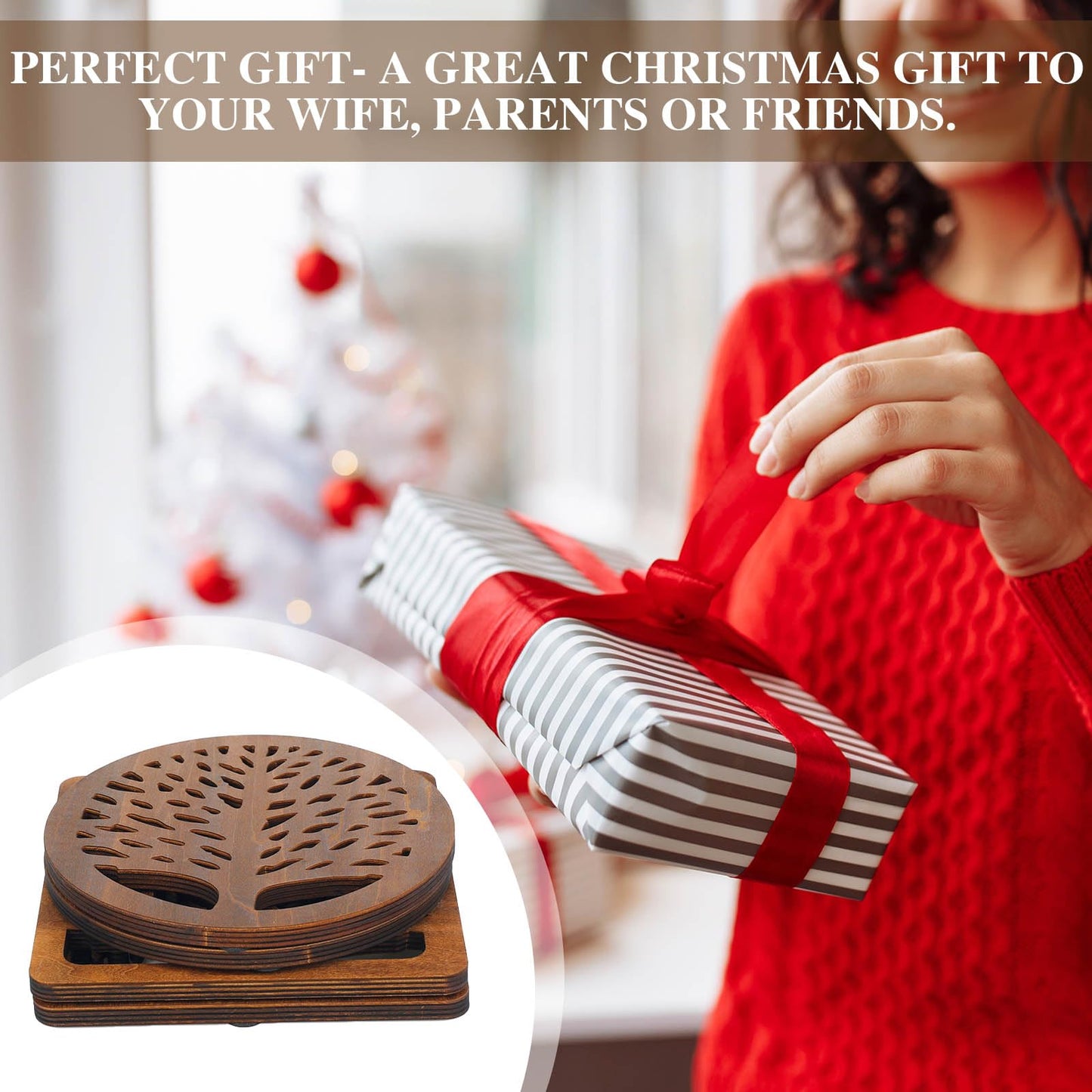 Beeveer 5 Pcs Life Tree Wooden Trivets with Storage Rack Hot Pads Trivets for Hot Dishes Pots and Pans Heat Resistant Mat Set Tea Pot Holders for Kitchen Dining Table(Dark Wood)