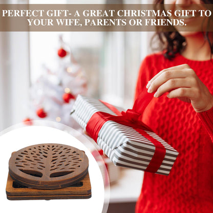 Beeveer 5 Pcs Life Tree Wooden Trivets with Storage Rack Hot Pads Trivets for Hot Dishes Pots and Pans Heat Resistant Mat Set Tea Pot Holders for Kitchen Dining Table(Dark Wood)