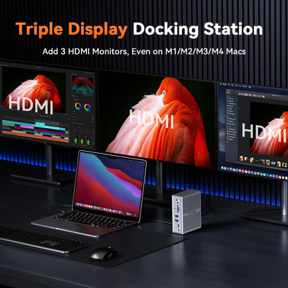 TobenONE USB C Laptop Docking Station 3 Monitors, Triple 4K DisplayLink Dock with 120W Power Adapter, for MacBook M1-M5/Mac mini/Windows, 3X HDMI, 5X USB, Gigabit Ethernet, Driver Required
