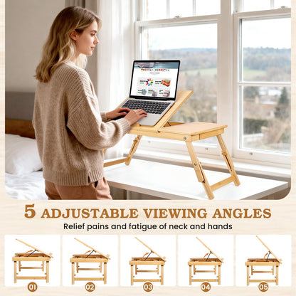 Bambition Bamboo Laptop Desk for Bed, Adjustable Height and Angle, Foldable Lap Desk with Cup Holder and Drawer, Portable Bed Table Tray for Writing Reading Drawing or Breakfast