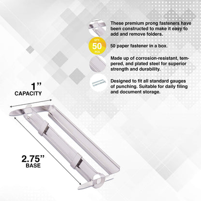 1 Inch Capacity Premium Prong Paper Fastener Complete Set, 2.75 Inch Base with Standard 2-Hole Punch for Home, Work, and School, by Olympx (50 per Box)