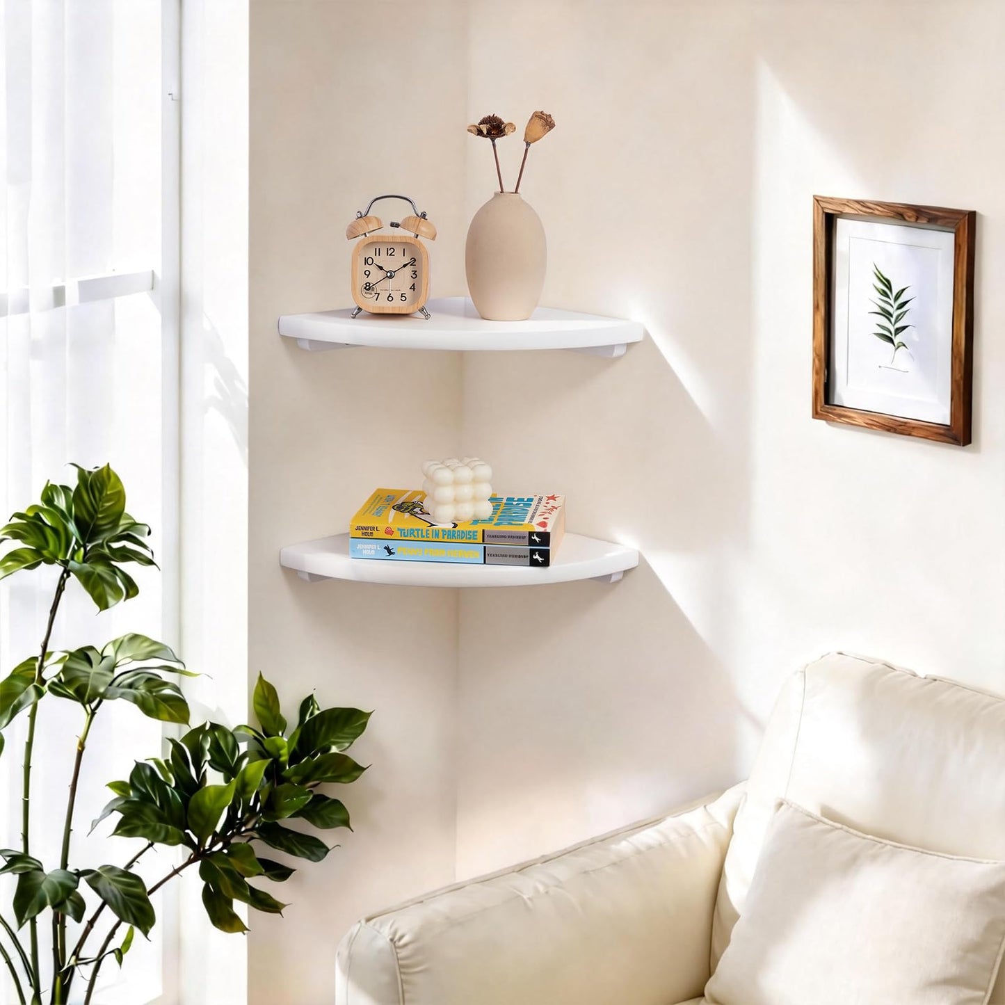 Gieanoo Floating Corner Shelves Set 2 7inch White Solid Oak Rounded Corner Shelves Wall Mounted with Cable Hole Wood Corner Hanging Shelves for Living Room Bedroom Bathroom Kitchen