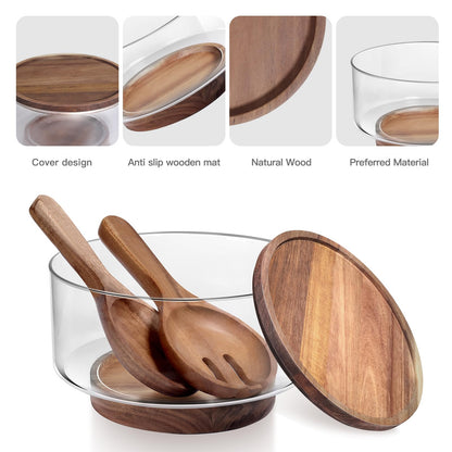 Large Glass Salad Bowls, Salad Bowl Set for Party with Acacia Wood Base and Lid and Salad Serving Utensils, Elegant and Practical Salad Bowls for Kitchen Essentials