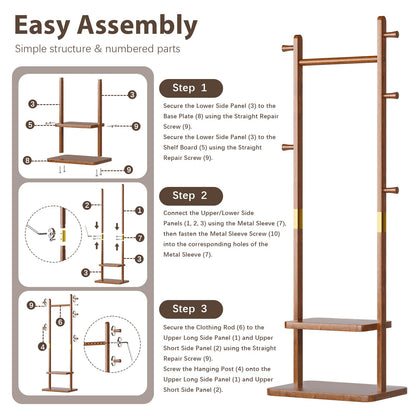 Taitiy Solid Wood Coat Rack, Freestanding Clothing Rack with 2 Shelves Storage & 5 Hooks, Heavy Duty Clothes Rack Stand for Hall, Bedroom, Living Room