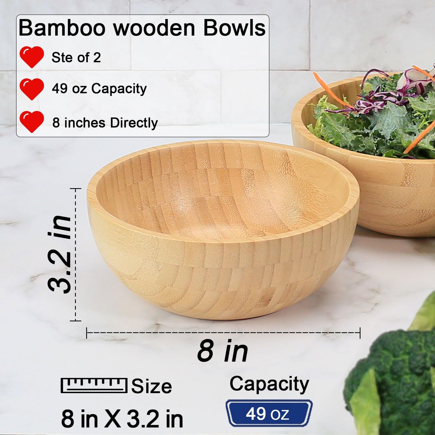 ZTHapwa Bamboo Salad Bowls, 8 Inch Big Round Bamboo Wooden Bowls for Salads/Fruits/Pasta/Vegetables, 49 Fl oz Handcraft Serving Bowl for Entertaining and Party, Rustic Home Decor Set of 2