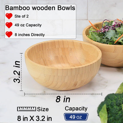 ZTHapwa Bamboo Salad Bowls, 8 Inch Big Round Bamboo Wooden Bowls for Salads/Fruits/Pasta/Vegetables, 49 Fl oz Handcraft Serving Bowl for Entertaining and Party, Rustic Home Decor Set of 2