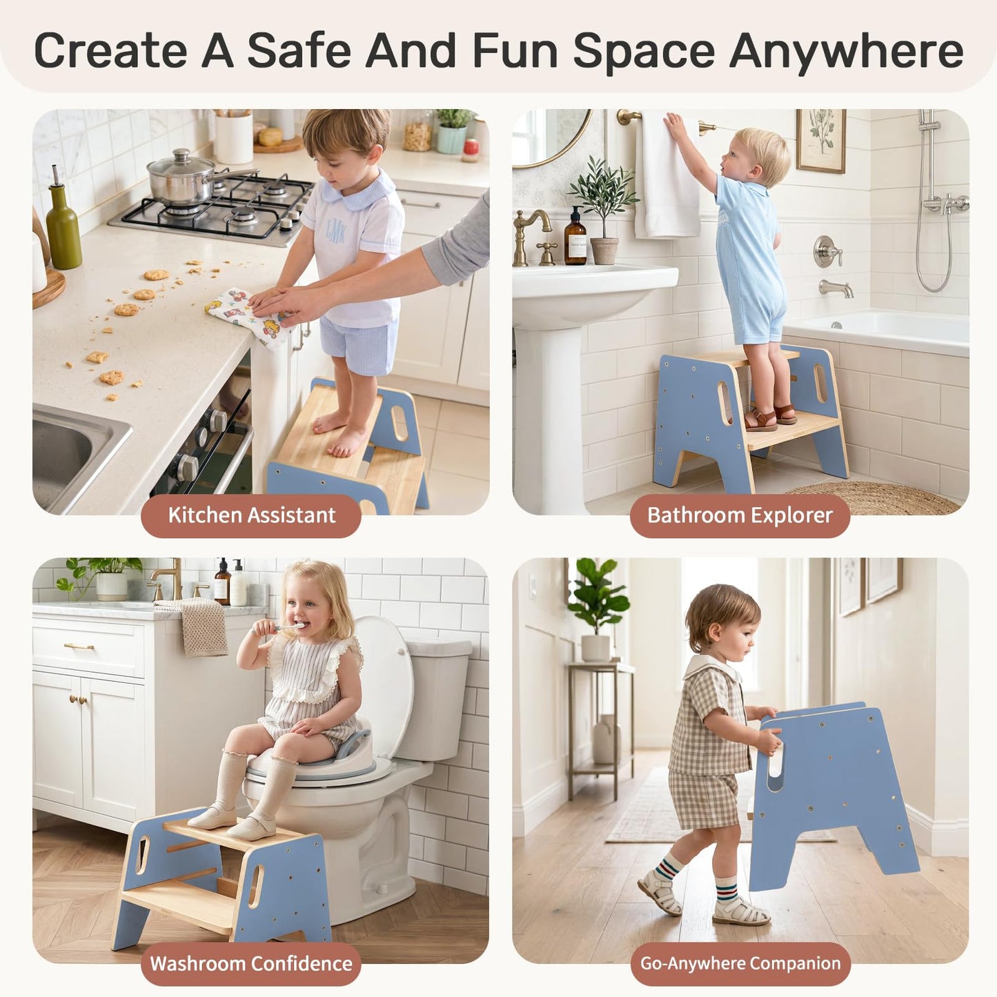 WINGYZ Toddler Step Stool, 3-Height Adjustable Wooden Stool for Kids, FSC & ASTM Birch Marine Plywood, 200lb Capacity, Bathroom Sink Independence, Kitchen Potty Training, Light Blue
