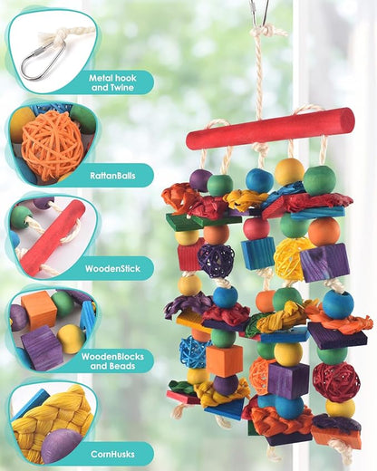 DBNESS Bird Toys, 2PCS Parrot Foraging Hanging Toy, Multicolored Natural Wooden Blocks Parakeet Chewing Toys mit Rattan Wicker Balls, for Medium Small Cockatoos Budgie Lovebird Cockatiel Conure