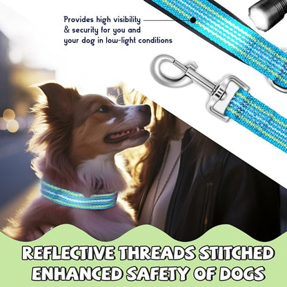Reflective Dog Collar and Leash Set, Nylon Dog Leash with Heavy-Duty Steel D-Ring, Adjustable with Quick Release Buckle for Medium Dogs,Cyan M