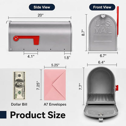 Mailbox for Outside,Metal Post Mount Outdoor MailBoxes - with Tools,Screws,Number Stickers,Red Flag Indicated,Medium Capacity,Galvanized Steel,Waterproof Mail Box for House Outside,20 x 8.7 x 6.7 ”