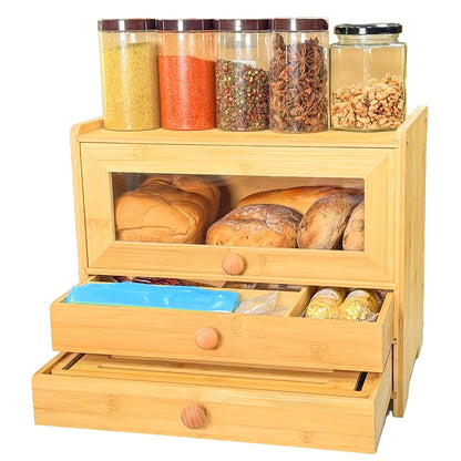 Aromfentu Bamboo Bread Box for Kitchen Countertop & Dining Room,Wooden Storage with Display Compartment & Built-in Bread Slicer,Eco-Friendly Organizer for Homemakers, Bakers & Bread Lovers ﻿