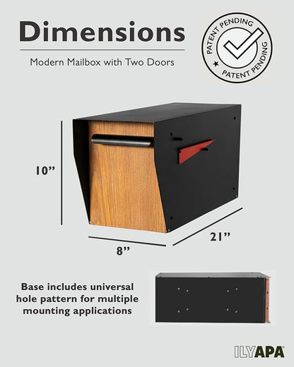 Ilyapa Black Modern Mailbox Post Mount Mailboxes for Outside- Powder Coated Steel Metal Mail Box with Rear Door, Outdoor All Weather & Corrosion Resistant, Stainless Steel Hinges & Magnetic Door