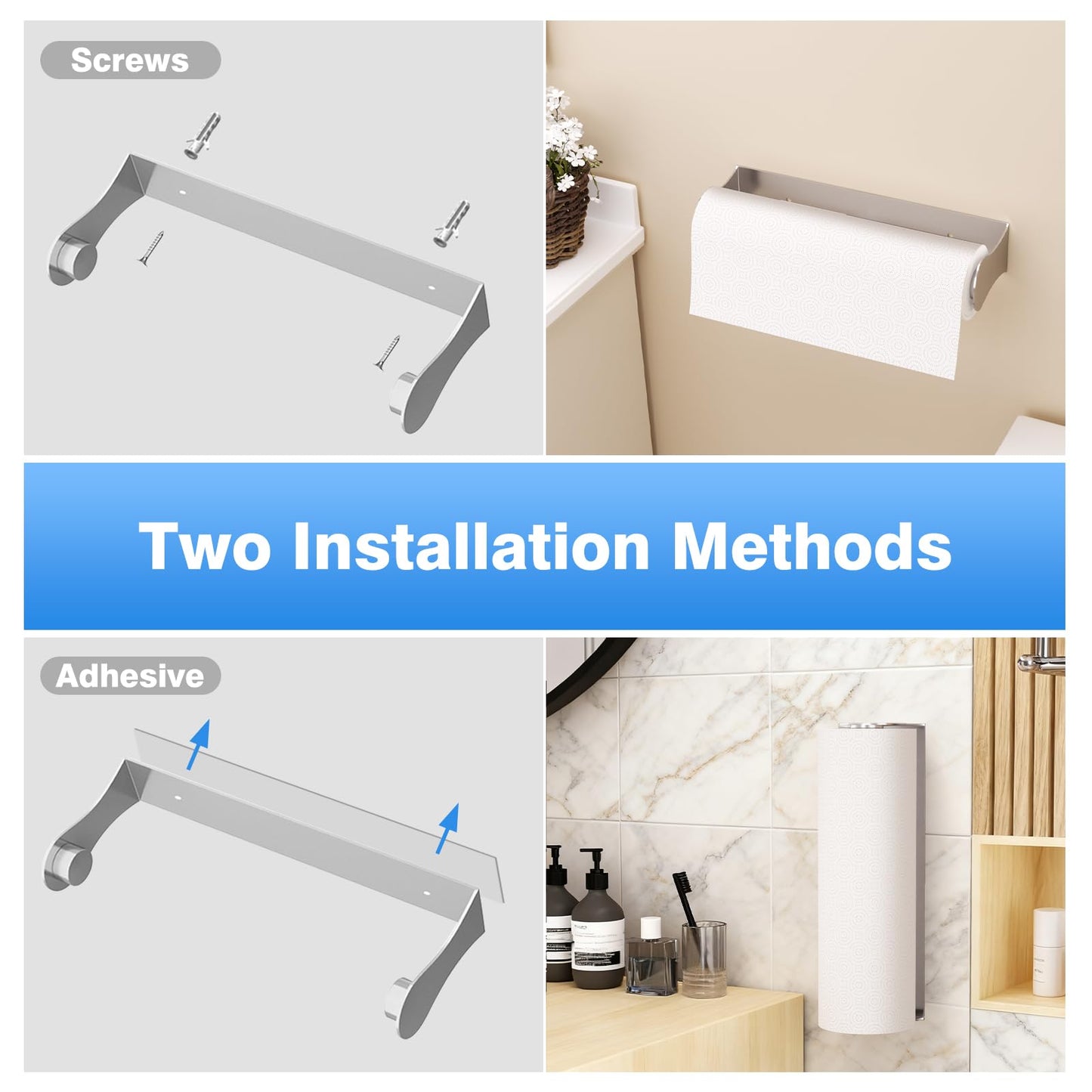 Smipam Paper Towel Holder Under Cabinet, Stainless Steel, Adhesive or Screw Mount, Fits Standard & Mega Rolls, Wall Mount Rack for Kitchen, Bathroom, RV, Silver