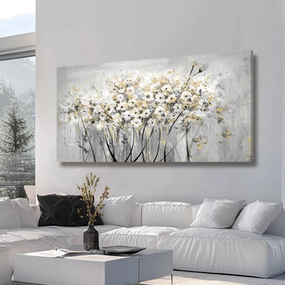 Flowers Canvas Wall Art White Paintings Grey Gold Contemporary Artwork Master Bedroom Wall Decor 29"x 58" Large Framed Art for Living Room Office Home Decor