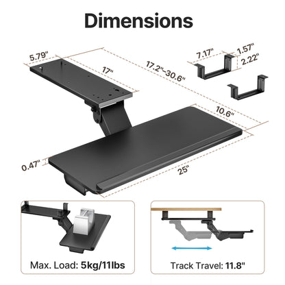 PEGZONE Keyboard Tray Under Desk with Storage Drawer, Height Adjustable Keyboard Tray Slide Out Swivel Tilt, Ergonomic Under Desk Mount Keyboard & Mouse Holder for Gaming Home Office, 25x11'', Black
