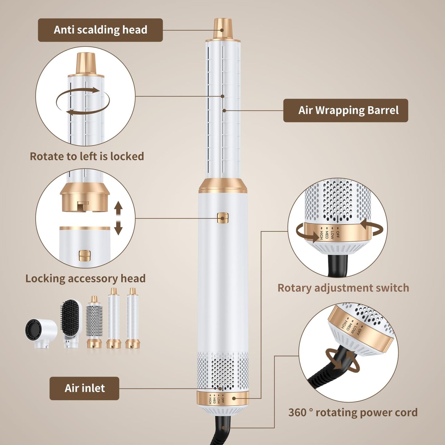 5 in 1 Blow Dryer Brush, Upgrade Hair Dryer Brush Air Curler Air Curling Wrap Styler, Detachable Hot Air Brush Negative Ion Curling Brush Iron, Hair Styling Tools for Drying Curling Straightening