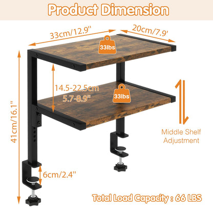 IBUYKE Clamp on Desk Organizer Shelf,12.9 inches Desk Extender Shelves, Above or Below Desk 2-Tier Adjustable Storage Shelves for Desktop Accessories,Rustic Brown,TMZ007H