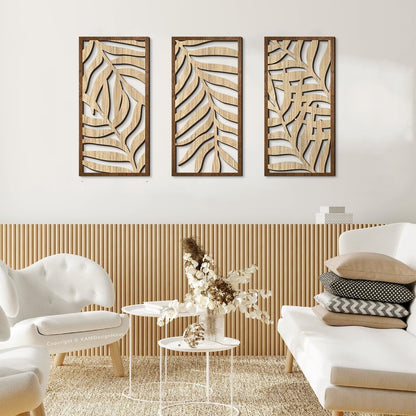 3 Pcs Tropical Leaf Wood Wall Art Decor, Wooden Minimalist Wall Hanging Decor, 3D Hollow Carved Craft Art Set, Boho Abstract Wall Sculptures Panels Decoration for Home Living Room Bedroom Kitchen (C)
