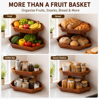 Tequie Wooden Fruit Basket for Kitchen Counter 2 Tier, Large Capacity Fruit Bowl for Corner, Space-Saving Fruit Stand Holder for Bread Fruit and Vegetable Storage Kitchen Countertop Organizer